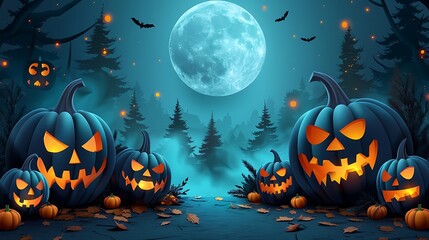 A creepy pumpkin patch scene in paper craft, featuring carved jack-o'-lanterns with glowing eyes, layered paper trees in the background, mist creeping through the scene,