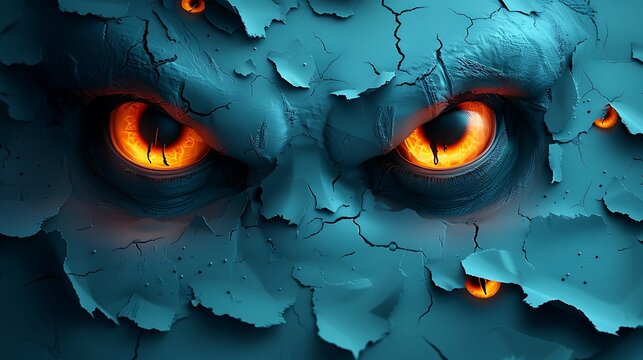 A dark and eerie wallpaper crafted from layered paper, filled with glowing, ominous eyes staring out from the shadows, soft light enhancing the creepy vibe, intricate details and textures,