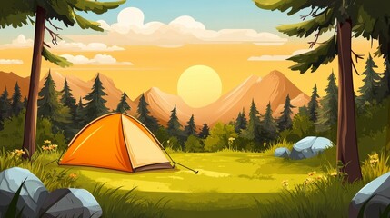 A serene campsite at sunset, featuring an orange tent amidst a forested landscape.