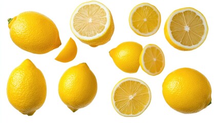Collection of whole, halved, and sliced lemons isolated on white background.