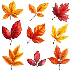 An autumn leaves set features a vibrant collection of orange, red, and yellow watercolor leaves.