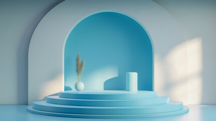3D render of a blue background with a round podium in the middle ,Abstract scene podium mockup ,3d rendering of blue podium and paper art flower in blue background