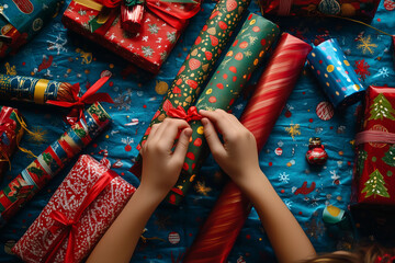Fototapeta premium child is wrapping a present with a red ribbon. The presents are all different colors and sizes, and they are all piled up on a blue tablecloth. Scene is festive and joyful