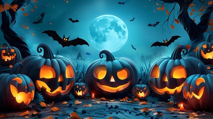 A detailed paper craft of a pumpkin patch, featuring carved jack-o'-lanterns with glowing eyes and creepy smiles, paper bats fluttering above, a spooky paper sky with a large moon, misty atmosphere,