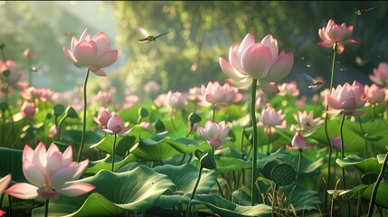 A tranquil garden filled with blooming lotus flowers, with the petals opening to reveal their inner beauty and the air filled with the sound of hummingbirds 