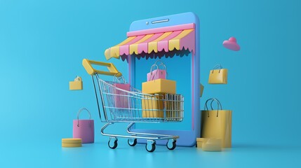 A digital shopping scene featuring a shopping cart and colorful bags emerging from a phone.