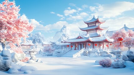 Obraz premium Serene winter scene featuring a traditional Asian pagoda surrounded by cherry blossom trees.