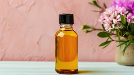 Closeup of a glass dropper bottle filled with facial oil set against a soft blurred pink background with fresh floral accents  The image showcases the natural