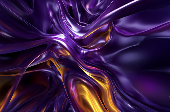 Tourbillon abstrait nuances  violettes et dor&eacute;es ou jaune avec des courbes lisses, cr&eacute;ant un effet de texture fluide ou m&eacute;tal en fusion