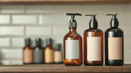 Stylish array of men s grooming products including shampoo conditioner aftershave lotions and serums neatly displayed on a wooden vanity shelf against a modern minimalist bathroom backdrop  The clean
