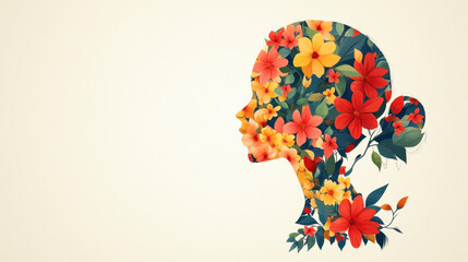 Woman profile silhouette forming with colorful flowers blooming inside representing spring season and beauty concept