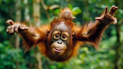 A playful orangutan swings through a lush green jungle, showcasing its agility and curiosity.