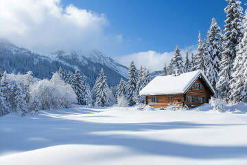 cabin in the woods with snow on the ground. The cabin is surrounded by trees and the sky is blue. The scene is peaceful and serene