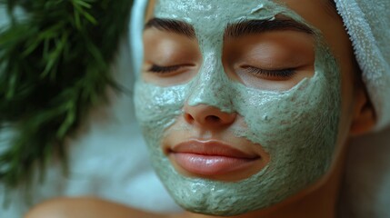 Fototapeta premium Woman Enjoying a Relaxing Spa Day with a Green Facial Mask, Highlighting Skincare and Self-Care Rituals