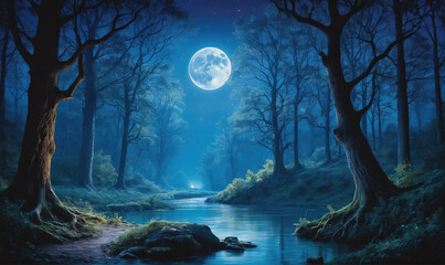 A full moon illuminates a serene forest scene, casting a soft glow on the winding river and towering trees