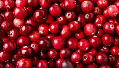 Ripe fresh cranberries as bright natural, healthy food, berries background. Harvest, autumn, superfood. Banner.