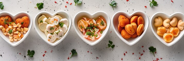 Heart-shaped porcelain dishes filled with an assortment of savory snacks.