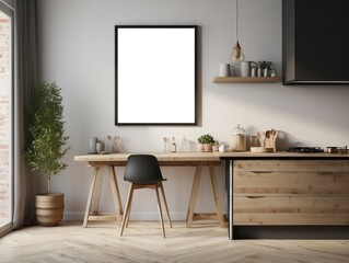 Minimalist Kitchen with Wooden Table, Black Chair, and Empty Frame