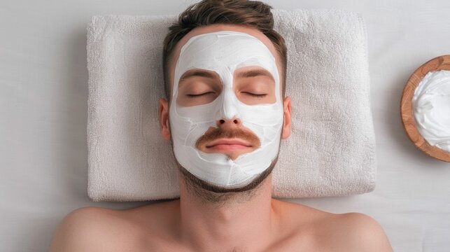 Closeup portrait of a man receiving a deep cleansing facial mask treatment relaxing on a towel in a bathroom setting