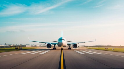 Obraz premium Front view of a jet airplane preparing for takeoff on the runway, with engines running and lights on.