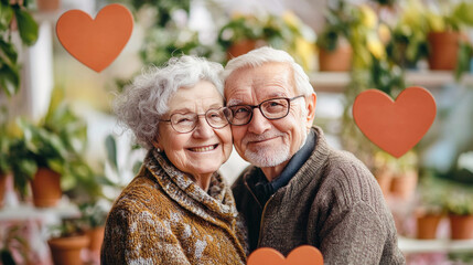 Happy senior couple smiling celebrating with party decorations in background