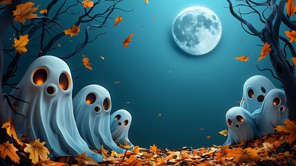 A ghostly gathering in a serene paper-crafted forest, with friendly ghosts floating near a full moon, autumn leaves swirling around, and a misty background enhancing the mystical atmosphere,