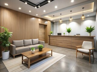 A modern chiropractic clinic reception area with a calming atmosphere, featuring a sleek wooden reception desk and comfortable waiting area seating amidst soothing neutral tones.