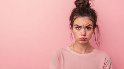 Obraz premium Sadly disgusted young woman isolated pink background with copy space
