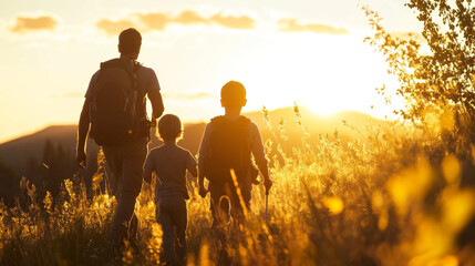 A family hiking at sunrise to celebrate the longest day of the year, soaking in the golden light , people doing a Summer Solstice Hike