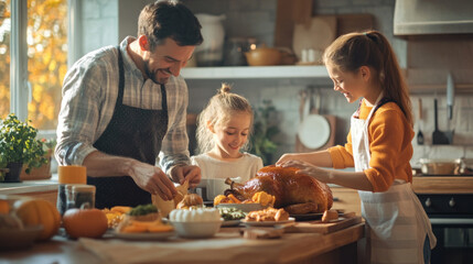 Family working together to prepare a delicious Thanksgiving dinner feast in their cozy kitchen. Parents are busy with the turkey and side dishes, children help with preparation for a festive night