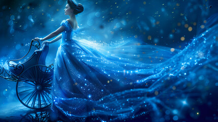 Beautiful princess in blue long dress on the luminous blue carriage background. ai generative