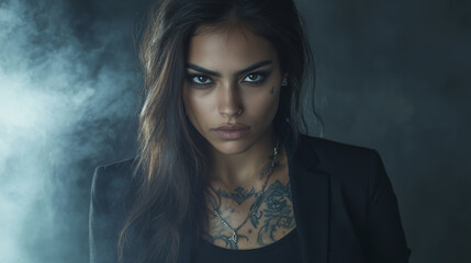 Trendy hispanic female model, with long hair, wearing plain black t-shirt and black blazer jacket over the top, tattoos and jewelry , woman with bad girl vibes over dark foggy background