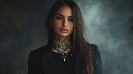 Trendy hispanic female model, with long hair, wearing plain black t-shirt and black blazer jacket over the top, tattoos and jewelry , woman with bad girl vibes over dark foggy background