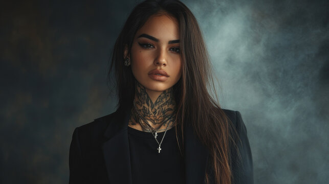 Trendy hispanic female model, with long hair, wearing plain black t-shirt and black blazer jacket over the top, tattoos and jewelry , woman with bad girl vibes over dark foggy background