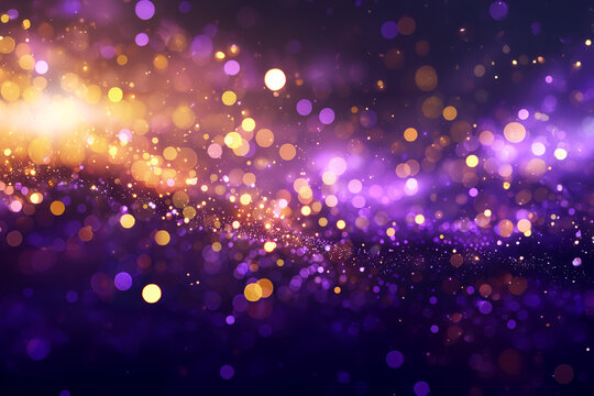 Effet lumineux de bokeh dor&eacute; et violet sur un fond sombre, cr&eacute;ant une ambiance festive et f&eacute;&eacute;rique anniversaire, f&ecirc;te fin d'ann&eacute;e, c&eacute;l&eacute;bration, No&euml;l, Nouvel an, r&eacute;veillon, Holi