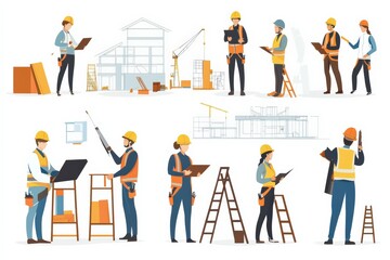 Collection of male and female architects and construction engineers working on architecture project. Vector illustration 