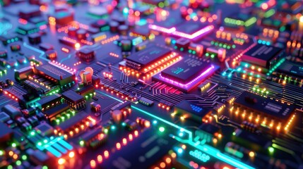 Neon-lit circuit boards creating a cityscape