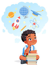 Little Indian school boy dreaming of a career in science. Cartoon vector illustration.