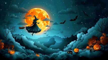 A paper-crafted scene of a witch flying on her broomstick across a glowing full moon, with layered clouds and twinkling stars adding depth to the night sky, soft lighting creating a magical ambiance,