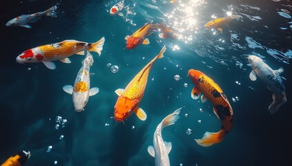 A beautiful shot of colorful Koi fish swimming gracefully in a clear pond.