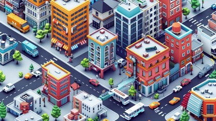 A Colorful Isometric View of a Cityscape with Buildings, Cars, and Pedestrians