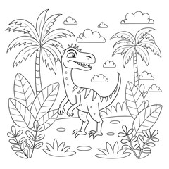 Lively Jungle Scene with Cartoon Dinosaur and Tropical Plants for Coloring

