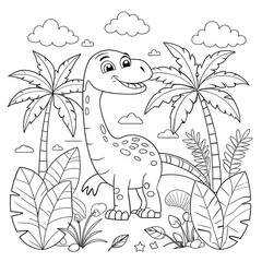 Lively Jungle Scene with Cartoon Dinosaur and Tropical Plants for Coloring

