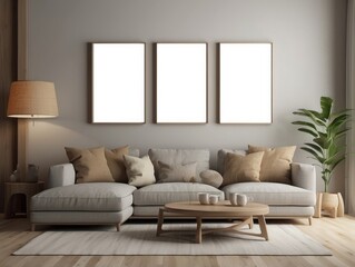 Modern Living Room Interior with Sofa, Coffee Table, and Empty Frames