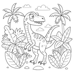 Obraz premium Lively Jungle Scene with Cartoon Dinosaur and Tropical Plants for Coloring