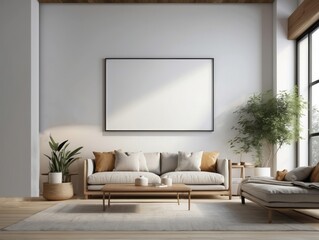 Minimalist Living Room with Beige Sofa, Wooden Coffee Table, and Large Framed Artwork