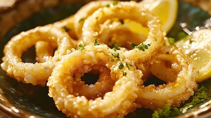 Fototapeta premium Hispanic Heritage Month: Golden Crispy Calamari with a Fresh Lemon and Herb Touch
