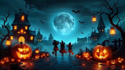 Fototapeta premium A playful paper-crafted trick-or-treat scene, featuring children in vibrant costumes, carrying paper bags, walking through a spooky neighborhood with glowing lanterns and creepy houses,