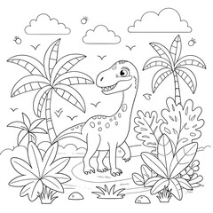 Fototapeta premium Lively Jungle Scene with Cartoon Dinosaur and Tropical Plants for Coloring