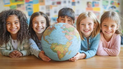 Group of students holding globe smiling at school